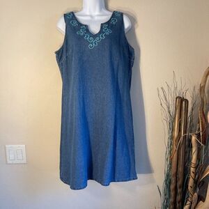 CB Casuals Embroidered Heavy Denim Sheath Dress Petite Large Vintage Y2K Blue